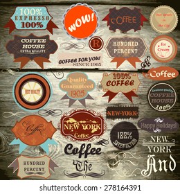 Collection of vector vintage labels on wooden texture