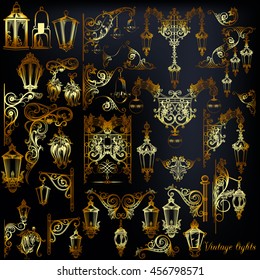 Collection of vector vintage lights in golden color