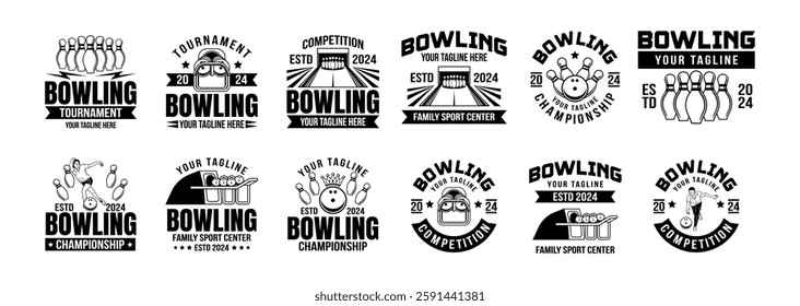 Collection of vector vintage monochrome style bowling logo, icons and symbol. Bowling ball and bowling pins illustration vector. Bowling logo with retro style bundle template