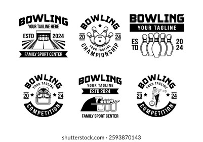 Collection of vector vintage monochrome style bowling logo, icons and symbol. Bowling ball and bowling pins illustration vector. Bowling logo with retro style bundle template