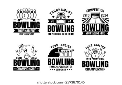 Collection of vector vintage monochrome style bowling logo, icons and symbol. Bowling ball and bowling pins illustration vector. Bowling logo with retro style bundle template