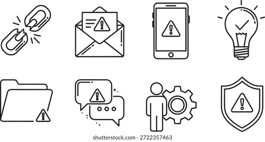 Una colección de iconos de advertencia de Vector en el diseño de silueta, incluidos los símbolos de alerta para varios usos