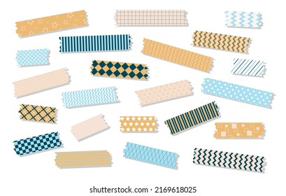 Collection of vector washi tape strips with shadow. Realistic illustration of colorful tape. Office or school stationary.