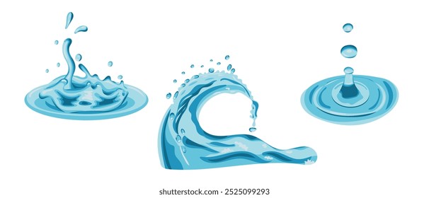 Collection of vector water splashes in realistic hand drawn style. Splashes of water or other liquid. Waves and drops movement. Vector illustration isolated on white background
