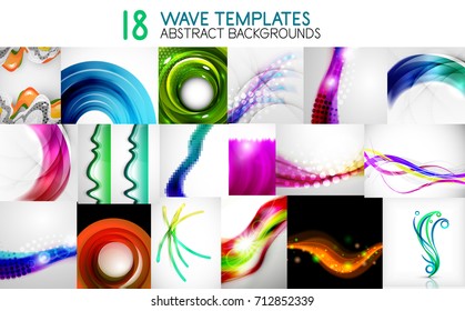 Collection of vector wave templates, flowing motion style abstract backgrounds designs