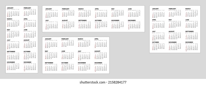 Collection of vector white calendar layout templates for the year 2023 (weeks starts on sunday). Four layout versions of light template with all calendar months - simple minimalistic calendar template