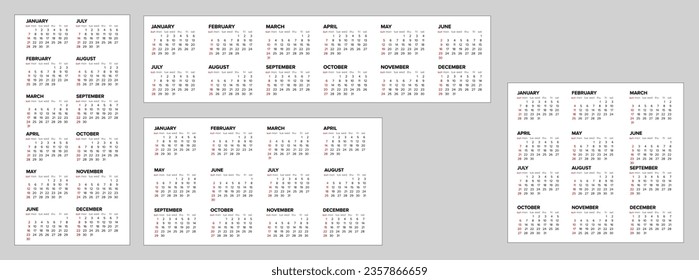 Collection of vector white calendar layout templates for the year 2024 (weeks starts on sunday). Four layout versions of light template with all calendar months - simple minimalistic calendar template