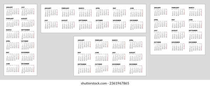 Colección de plantillas de diseño de calendario blanco vectorial para el año 2024 (las semanas comienzan el lunes). Cuatro versiones de diseño de la plantilla de luz con todos los meses calendario - plantilla simple de calendario minimalista