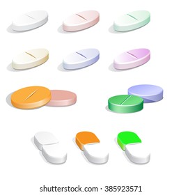 Collection of Vector white and colorful pills on white