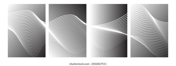 Collection of vector white line waves on a black and white gradient background. For covers, wallpaper, branding, business cards, social media and other projects. You can use rough textures for any bac