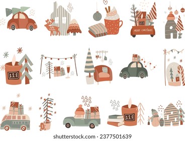 Collection of vector winter illustrations in flat style, cozy Christmas funny set of pre-made scenes, hand drawn vector illustration