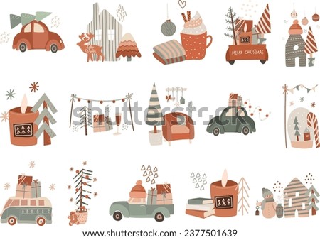 Collection of vector winter illustrations in flat style, cozy Christmas funny set of pre-made scenes, hand drawn vector illustration