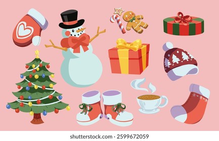 Collection of vector winter set. snowman, gingerbread, presents, pine tree, boots, mitten, hot tea, and sock.