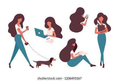 Collection of vector woman illustration doing her daily activities. Girl with a smartphone, laptop, walking the dog, reading a book, grocery shopping, working.