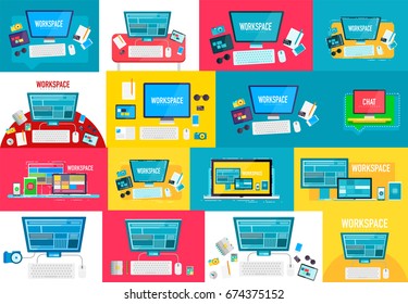 Collection of vector workspace concepts, modern flat style design. Computers, phones, tablets, keyboards and other objects on office table. Can be used for construction your own workspace design