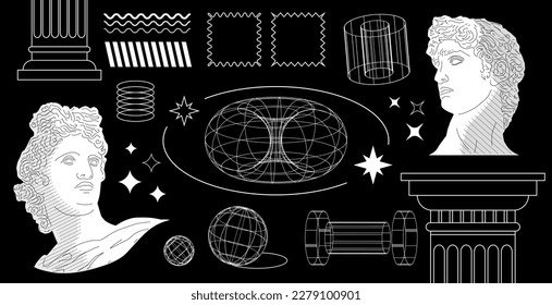Collection of vector  y2k elements, wireframe models, greek statues and flat symbols.