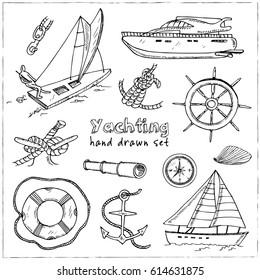 Collection of vector yachting doodle icons. Isolated objects on a white background .