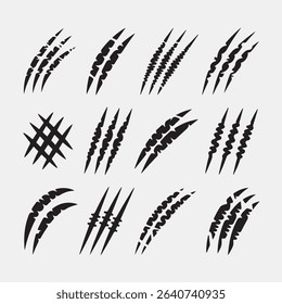 Collection of vectorized claw marks and scratch effect elements in black and white