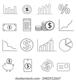 Collection of vectorized finance flat icons in line art for websites and graphic resources.