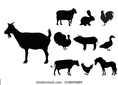 Collection vectors of domestic animal on white background. Symbol of goat, sheep, rabbit, hen, rooster, pig, cow, horse, farm,breeding, logo, sign.