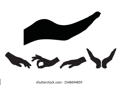 Collection vectors of hands on white background. Symbol of palm, people, finger, hold, show, logo, sign, silhouette.