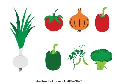 Collection vectors of vegetable on white background. Symbol of onion, tomato, broccoli, pea, vegan, vegetarian, food, fresh, logo, sign.