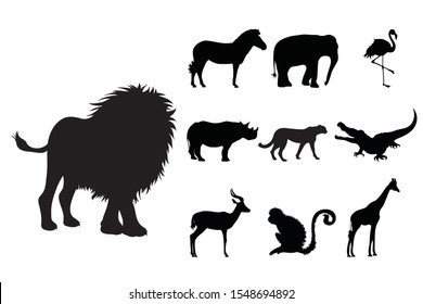 Collection vectors of wild animal on white background. Symbol of lion, elephant, rhinoceros, zoo, Africa, monkey, cheetah, logo, sign.