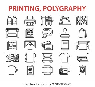 Collection of vector-style printing and polygraphy equipment symbols arranged in a clean layout