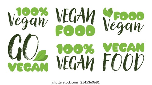Collection of vegan food labels promoting a 100 percent plant-based, eco-friendly lifestyle. Design concept of organic, healthy, and natural food for product labeling, packaging and branding