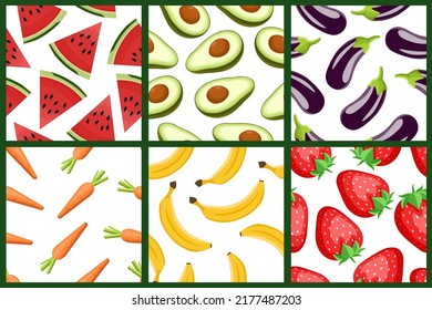 Collection of vegan seamless patterns in cartoon vector style. Fruits and vegetable patterns. Strawberry, eggplant, banana, avocado, watermelon, carrot