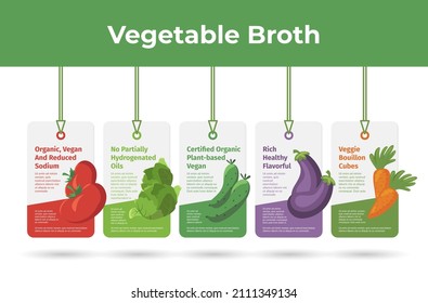 Collection vegetable broth promo tag on rope with place for text vector flat illustration. Set veggie bouillon cubes organic plant based paper label advertising isolated. Natural ecology food additive