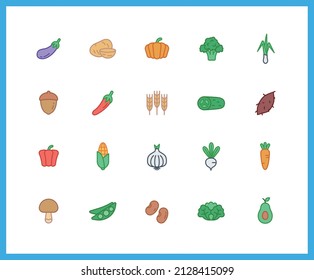 Collection of vegetable color icons. Set of greens, veggie symbols drawn with thin contour lines. Vector illustration.
