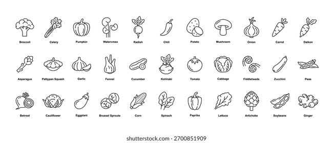 A collection of vegetable icons including broccoli, celery, pumpkin, and more, in a minimalist line art style, editable stroke