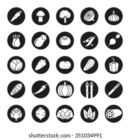 Collection of vegetable icons, negative in black circles