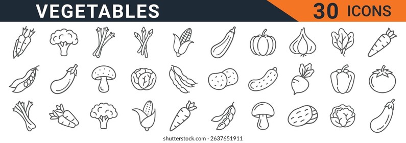 a collection of vegetable icons in a simple outline style. set includes a variety of common vegetables such carrots, broccoli, corn, and more, perfect for designs about healthy eating and nutrition.