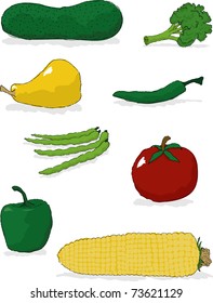 A collection of vegetable illustrations: cucumber, broccoli, squash, hot pepper, green beans, tomato, green pepper, corn.
