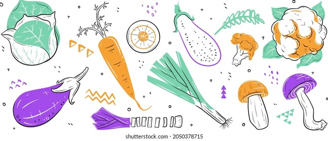 Collection of vegetable isolated on white background. Hand drawn flat and doodle style for design of banner, poster, clothing, textiles, t shirt, pattern, badges, symbol, element.