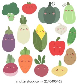 Collection of vegetables in cartoon style. Vector isolates on white background.
