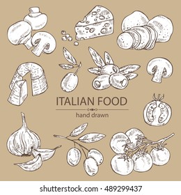 Collection of vegetables, cheese and champignon. hand drawn