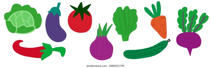 Collection of vegetables. Flat design. Hand drawn illustrations. Organic food. Healthy eating, Graphic design on white background.