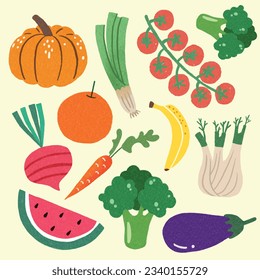 Colección de elementos ilustrativos dibujados a mano de vegetales y frutas