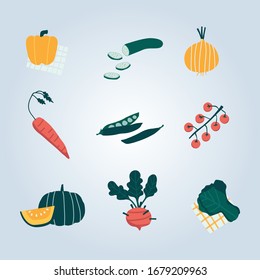  Colección de verduras. Elementos de diseño de comida fresca dibujados a mano.