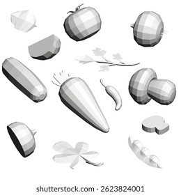 Uma coleção de legumes e ervas são mostrados em um padrão. Os legumes incluem cenouras, cogumelos e pimentões. As ervas incluem salsa e coentro. A imagem tem um design simples e limpo