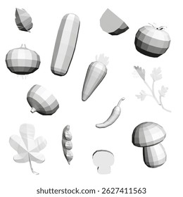 Uma coleção de legumes e ervas são mostrados em um padrão. Os legumes incluem cenouras, cogumelos e cebolas. As ervas incluem salsa e coentro. A imagem tem um design simples e limpo