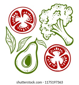 Collection of vegetables on a white background. Hand drawing, print, vegetarian menu
