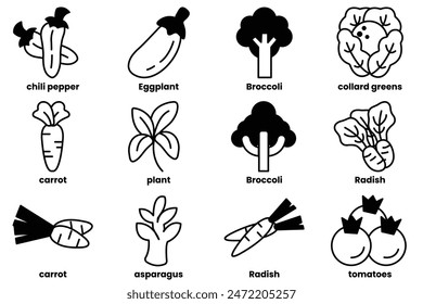 Una colección de vegetales y plantas se muestran en un dibujo en blanco y negro. Las verduras incluyen zanahorias, brócoli, berenjena y tomates. El dibujo transmite un sentido de la naturaleza