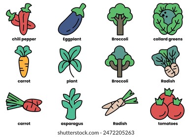 Una colección de vegetales y plantas se muestran en un dibujo en blanco y negro. Las verduras incluyen zanahorias, brócoli, berenjena y tomates. El dibujo transmite un sentido de la naturaleza