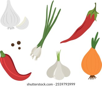 collection of vegetables and spices, including garlic bulbs, green onions, chili peppers, black peppercorns, and an onion. The combination represents ingredients commonly used for seasoning and