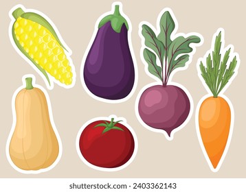 Collection of vegetables. Stickers. Healthy. Food. Vegetarian. Ingredient. Cards. Beige backdrop. Vector illustration. Colourful. Cute.