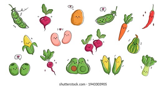 Collection of veggy expressing positive emotions. Vector set of drawings with cute vegetables in kawaii style Punny veggies